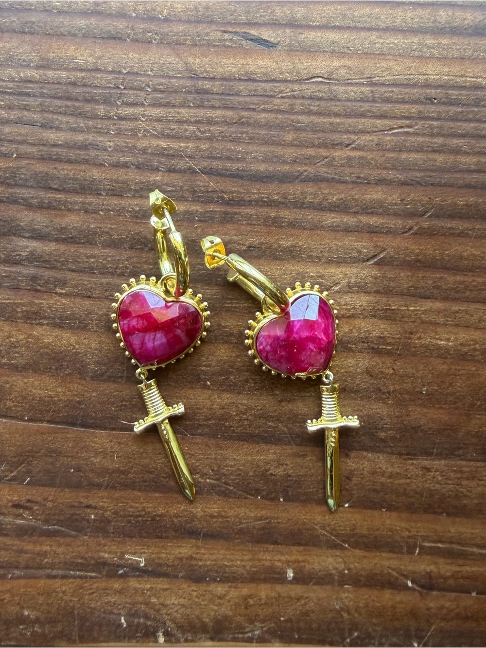Mountain & Moon Gold Heart & Dagger Drop Earrings with Pink Gem Hearts